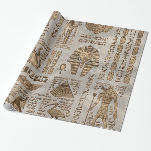 Egyptian hieroglyphs and deities -Vintage Gold Wrapping Paper (Unrolled)