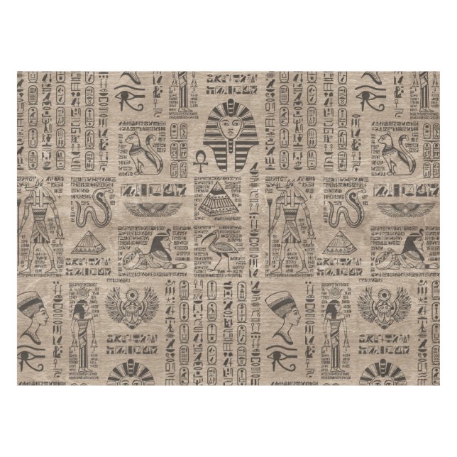 Egyptian hieroglyphs and symbols on wood tablecloth (Front (Horizontal))