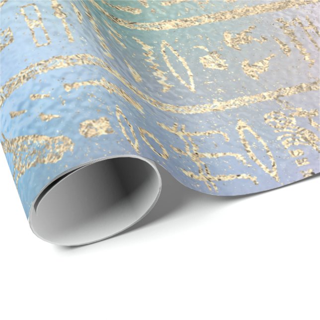 Egyptian Hieroglyphs Gold Blue Water Pink Ombre Wrapping Paper (Roll Corner)