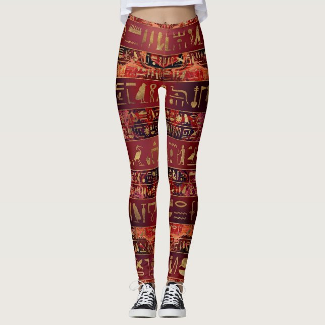 Egyptian hieroglyphs gold on red painted texture leggings (Front)