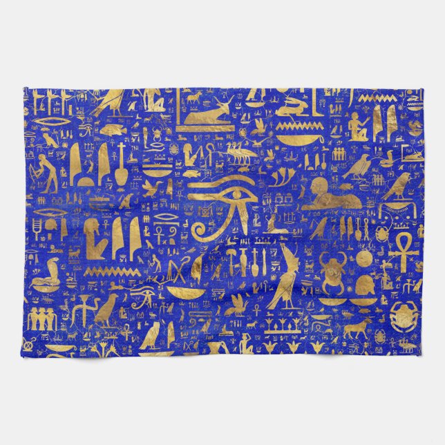 Egyptian hieroglyphs -Lapis Lazuli and Gold Tea Towel (Horizontal)
