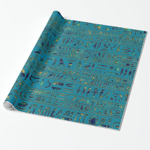 Egyptian hieroglyphs on teal leather texture wrapping paper