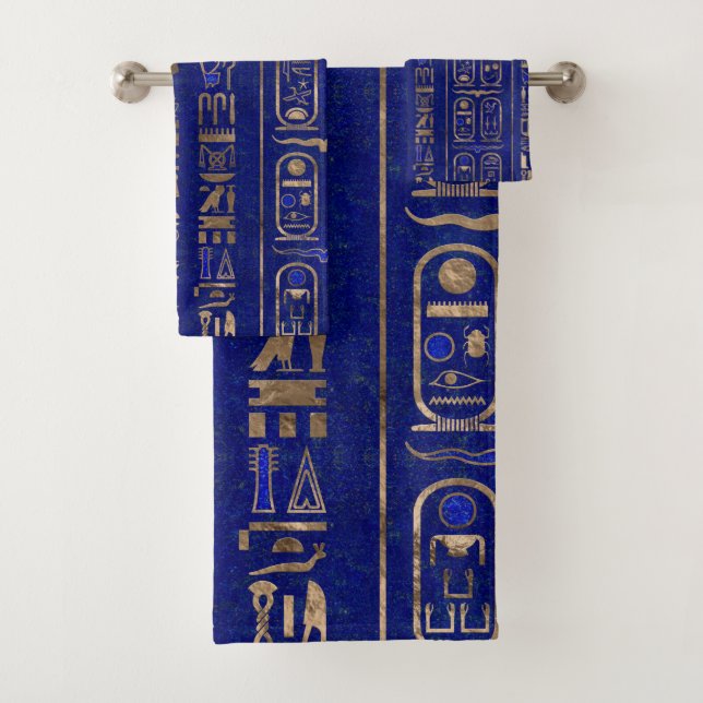 Egyptian hieroglyphs pattern Gold Lapis Lazuli Bath Towel Set (Insitu)