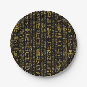 Egyptian hieroglyphs vintage gold on black paper plate