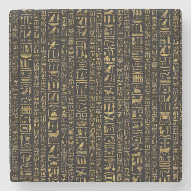 Egyptian hieroglyphs vintage gold on black stone coaster (Front)