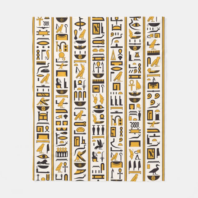 Egyptian hieroglyphs yellow-black colour seamless fleece blanket (Front)