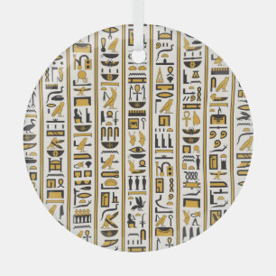 Egyptian Hieroglyphs: Yellow-Black Seamless. Glass Tree Decoration