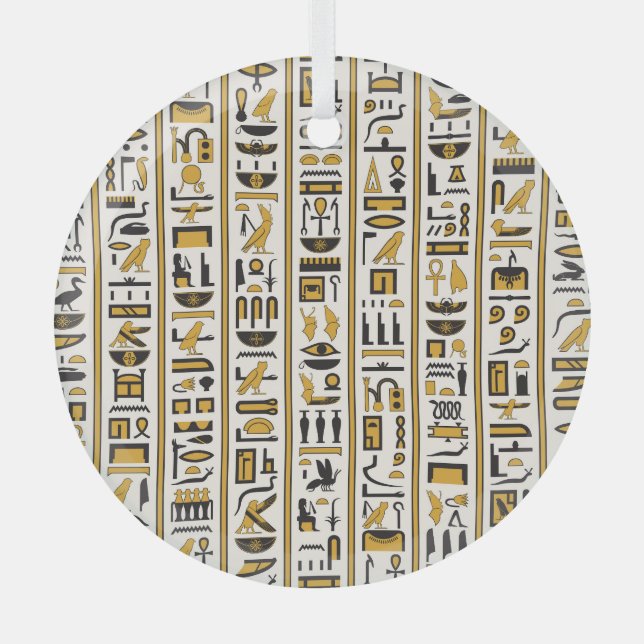 Egyptian Hieroglyphs: Yellow-Black Seamless. Glass Tree Decoration (Front)