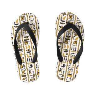 Egyptian Hieroglyphs: Yellow-Black Seamless. Kid's Jandals