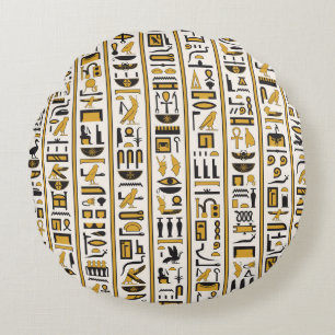 Egyptian Hieroglyphs: Yellow-Black Seamless. Round Cushion