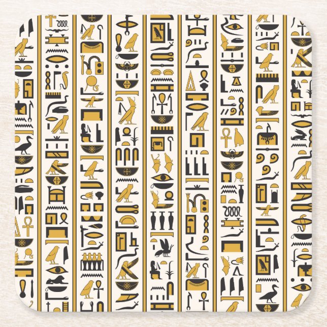 Egyptian Hieroglyphs: Yellow-Black Seamless. Square Paper Coaster (Front)