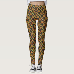 Egyptian Lotus Flower Pattern Green on Black Leggings