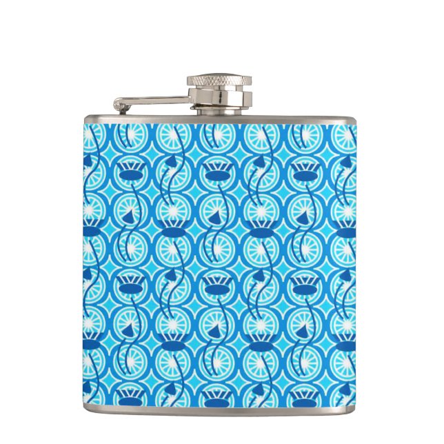 Egyptian Lotus pattern, cobalt and turquoise Hip Flask (Front)