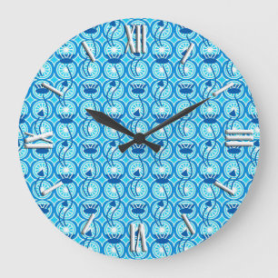 Egyptian Lotus pattern, cobalt and turquoise Large Clock