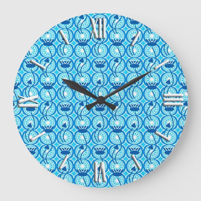 Egyptian Lotus pattern, cobalt and turquoise Large Clock (Front)