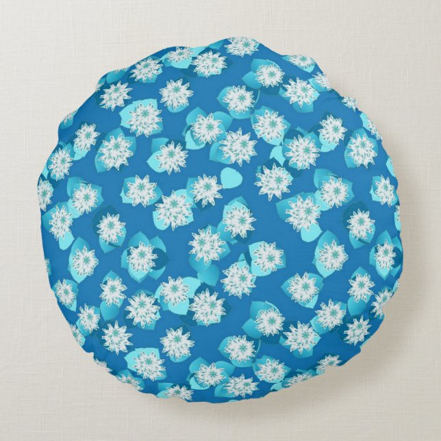 Egyptian Lotus pattern, cobalt and turquoise Round Cushion (Back)