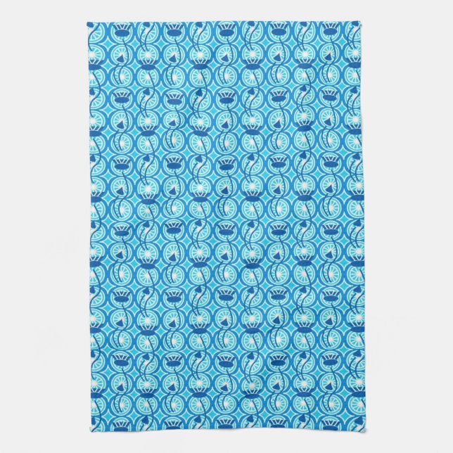 Egyptian Lotus pattern, cobalt and turquoise Tea Towel (Vertical)