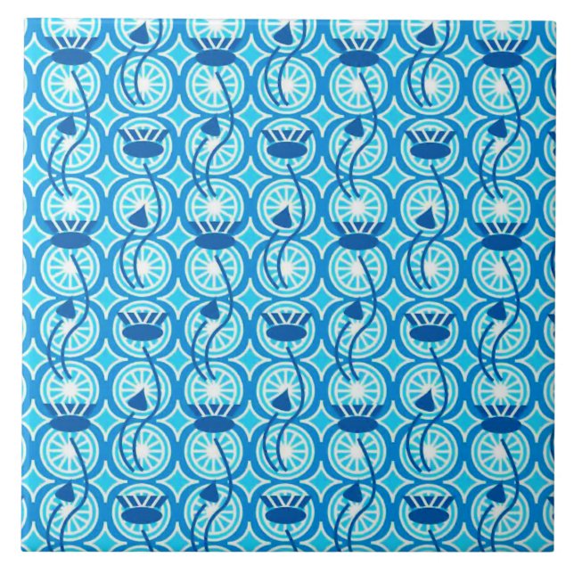 Egyptian Lotus pattern, cobalt and turquoise Tile (Front)