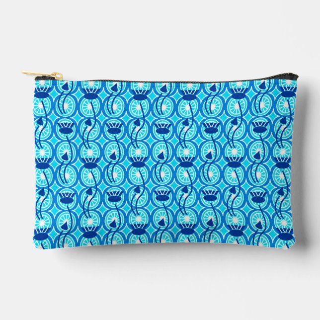  Egyptian Lotus Pattern, Cobalt Blue and Turquoise Accessory Pouch (Front)