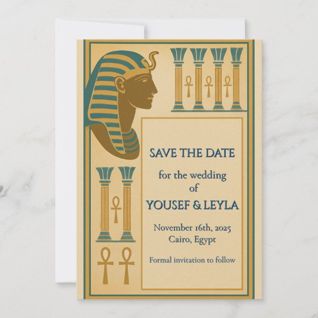 Egyptian Pharaoh & Ankh Gold Save the Date (Front)