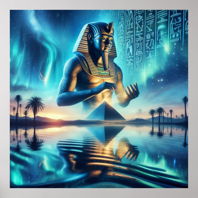 Egyptian Pharaoh with Hieroglyphs and Pyramid Poster (Front)
