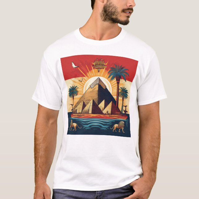 Egyptian Pyramid Art with Sun and Cultural Element T-Shirt (Front)