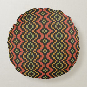 Egyptian Red Black Green Tribal Basket Weave Round Cushion