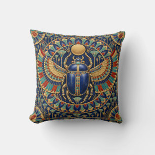 Egyptian Royal Winged Scarab Blue Gold Cushion