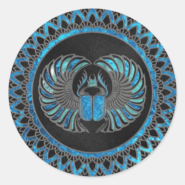 Egyptian Scarab Beetle - Gold and Blue glass Classic Round Sticker (Front)