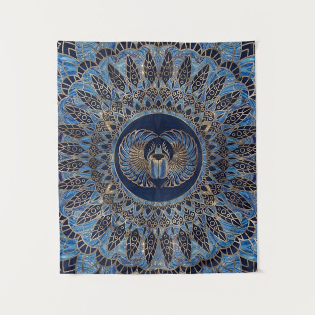 Egyptian Scarab Beetle Gold and Blue marble Tapestry (Front)