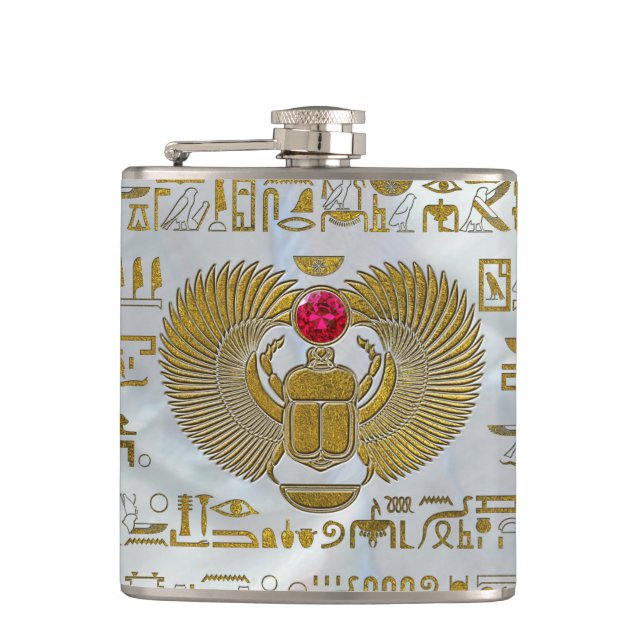 Egyptian Scarab Beetle Gold and Ruby Stone Hip Flask (Front)