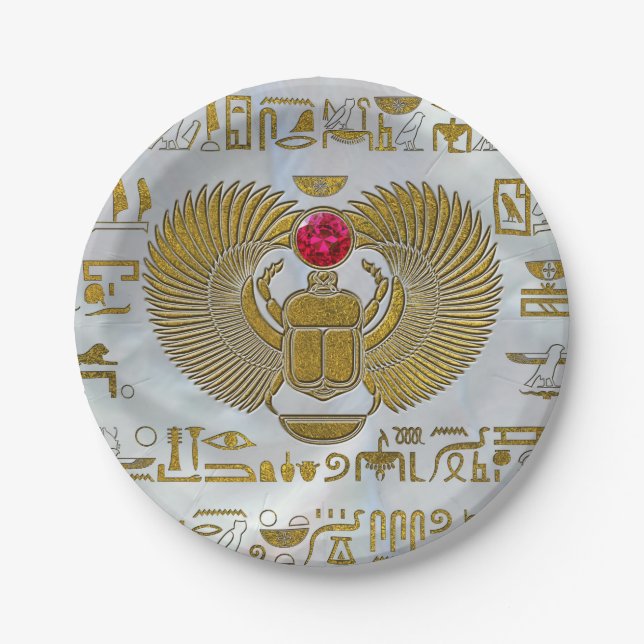 Egyptian Scarab Beetle Gold and Ruby Stone Paper Plate (Front)