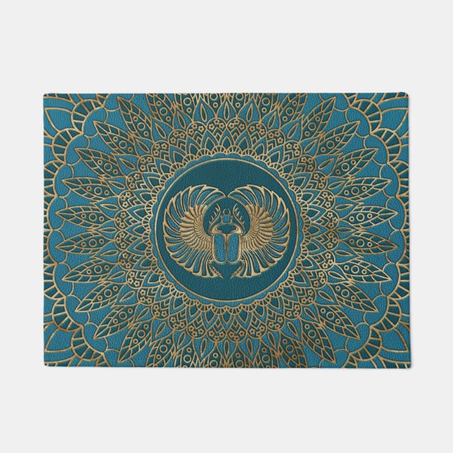 Egyptian Scarab Beetle Gold on Teal Leather Doormat (Front)