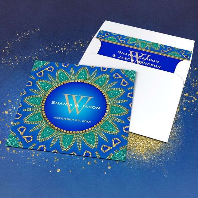Egyptian Sun Sparkle Teal Gold Monogram Invitation (Creator Uploaded)