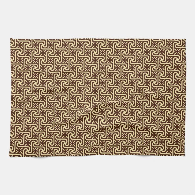 Egyptian tile pattern, chocolate brown and tan tea towel (Horizontal)
