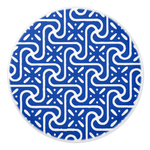 Egyptian tile pattern, cobalt blue and white ceramic knob