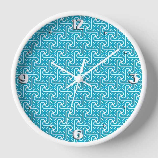 Egyptian tile pattern, turquoise and white wall clock (Front)