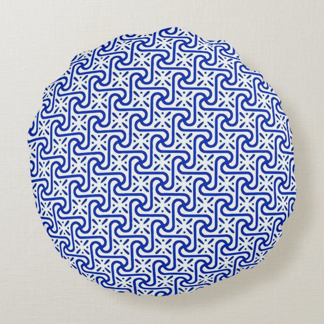 Egyptian tile pattern, white and cobalt blue round cushion (Back)