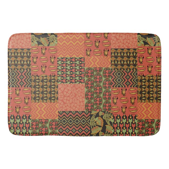 Egyptian Tribal Faux Patchwork Red Green Black Bath Mat (Front)