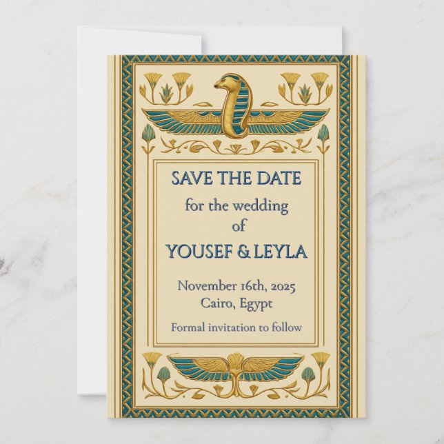 Egyptian Winged Cobra Lotus Gold Save the Date Invitation (Front)