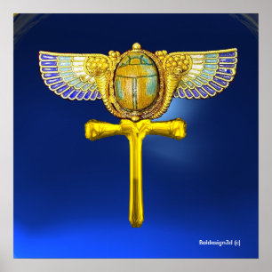 EGYPTIAN WINGED SCARAB ANKH AND CORNUCOPIA Blue Poster