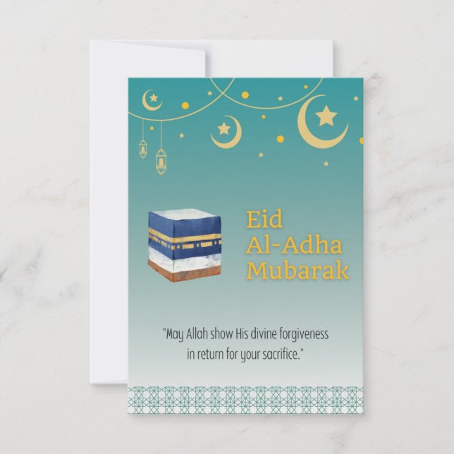 Eid Al-Adha Mubarak Card in Blue and Ka'bah Image (Front)