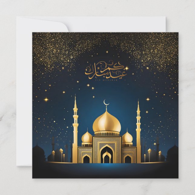 Eid al Fitr Mubarak Crescent Stars Blue Gold Holiday Card (Front)
