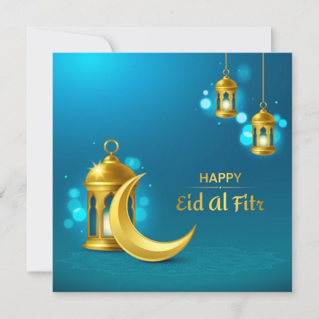 Eid Al-fitr Mubarak Gold crescent and lantern Holiday Card (Front)