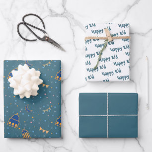 Eid Kids Blue Mosque Lantern Pattern Quote Wrapping Paper Sheet