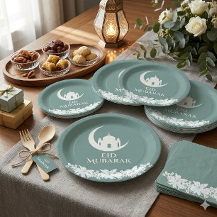 Eid Mubarak 1447 Hijri Crescent Mosque Design Paper Plate
