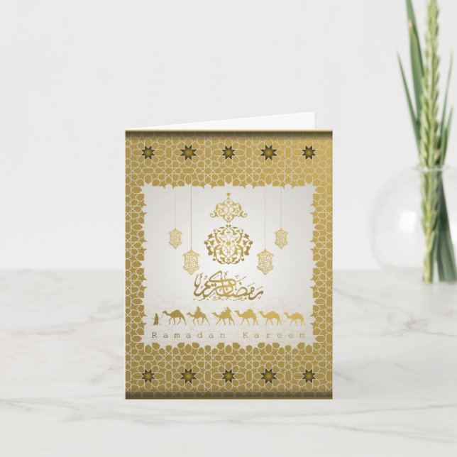Eid Mubarak Arabic Pattern Calligraphy Gold Holiday Card (Front)