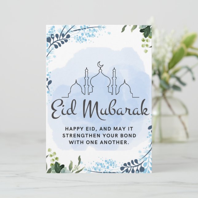 Eid Mubarak Blue Floral Mosque Holiday Card (Standing Front)