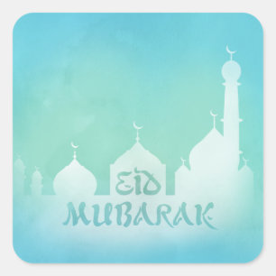 Eid Mubarak Blue Watercolor Mosque - Sticker