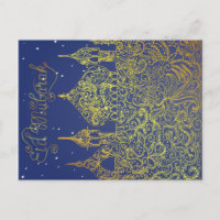 Eid mubarak card with hand drawing silhouette